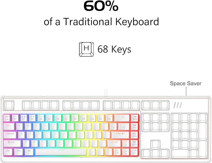 MageGee Portable 60% Mechanical Gaming Keyboard, Red Switch, PBT Pudding Keycaps RGB Backlit Compact 68 Keys Mini Wired Office Keyboard for Windows Laptop PC - White