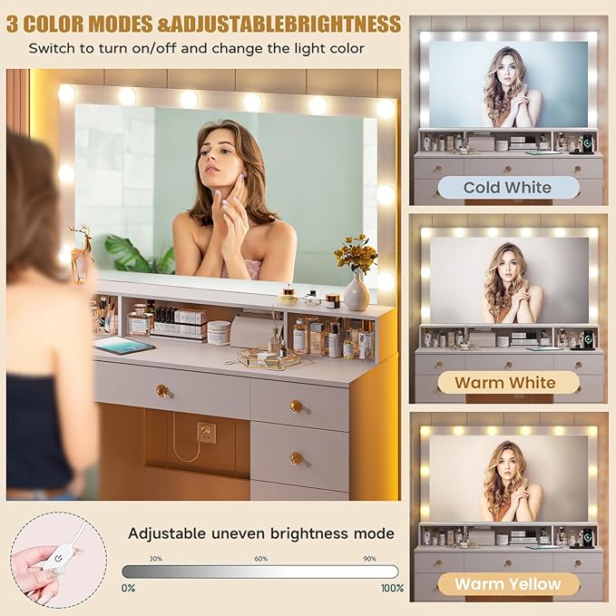 White Vanity with Lighted Mirror, Makeup Vanity Desk with Power Outlet, 9 Drawers & Shelf Storage, 43.3” Large Vanity Desk, Women Girls Vanity Dressing Table for Bedroom Bathroom