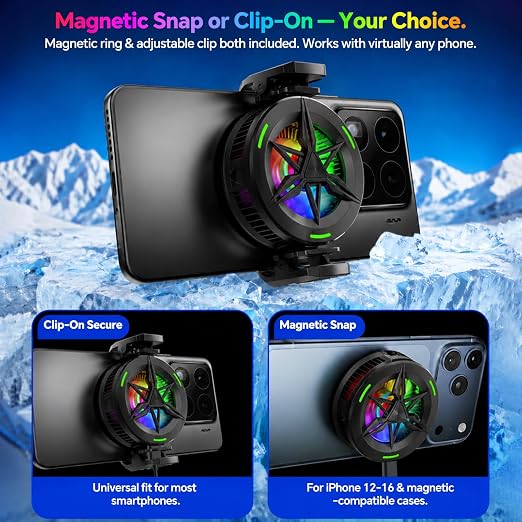 2-in-1 Magnetic & Clip-On USB Phone Cooler for Gaming, Semiconductor Cell Phone Cooling Fan Radiator for iPhone/Android/iPad/Tablet – Ideal for Gaming, Video Calls, Live Broadcasting, and Vlog