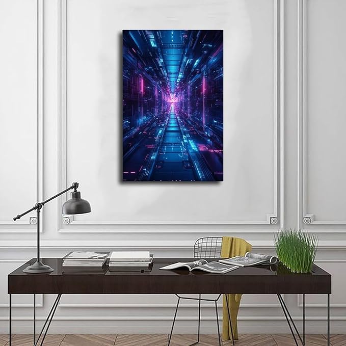 High-Tech Digital Abstract Wall Art – Glowing Geometric Canvas Print – Minimalist Futuristic Aesthetic Home Decor Modern Wall Prints Abstract Geometric Minimalist Art Framed Canvas Prints For Office B