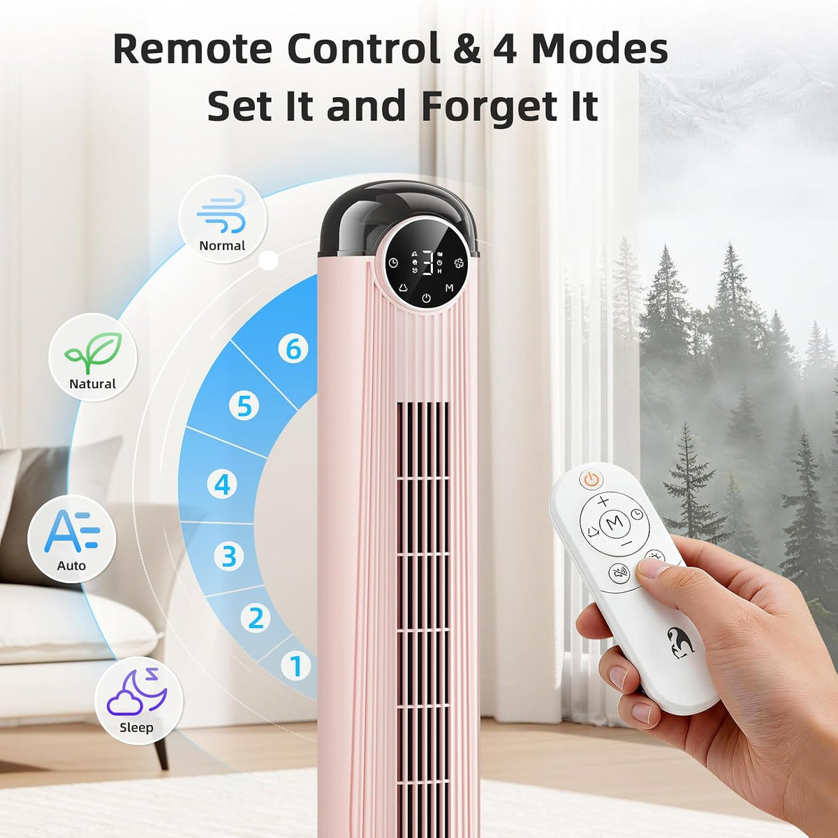 Antarctic Star T42 Tower Fan, 42 Inch Bladeless Oscillating Fan with Remote, 6 Speeds & 4 Modes, LED Display, 9H Timer, Quiet Floor Standing Fan for Bedroom Living Room Office, Pink