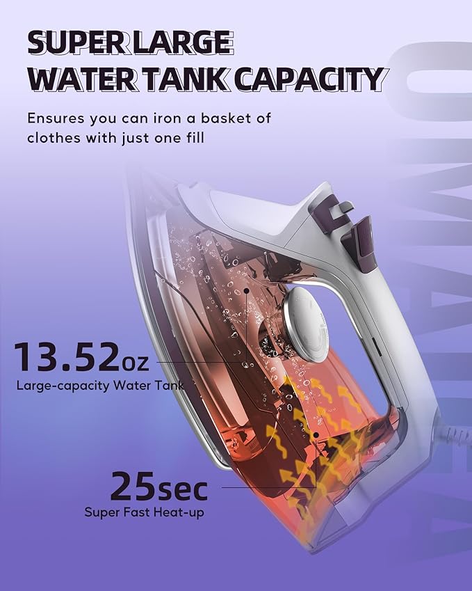 Steam Iron for Clothes - 1750W Iron with Upgrade Double-Layer Ceramic Soleplate, Burst of Steam, 3-Way Auto-Off, Self-Cleaning, Anti-Calc, 13.5oz Water Tank Ironing Clothes for Home, Purple
