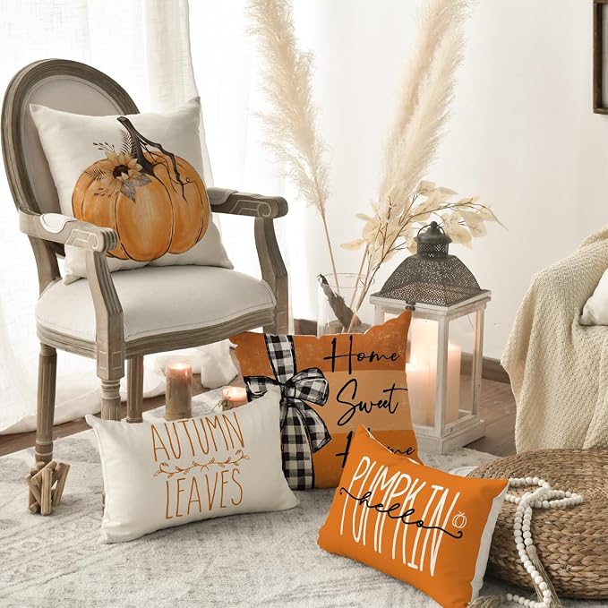 AVOIN colorlife Fall Pumpkin Home Sweet Home Throw Pillow Covers, 18 x 18 Inch Autumn Thankful Grateful Blessed Harvest Floral Orange Decorations for Sofa Couch Set of 4