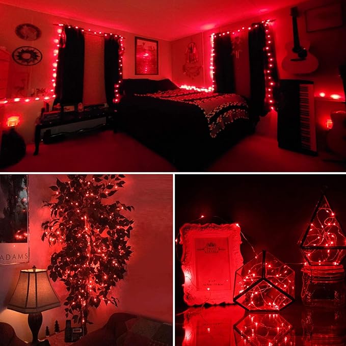 RUICHEN Silver Wire Fairy Lights Plug in 33 Ft 100 LED String with Spool, Red