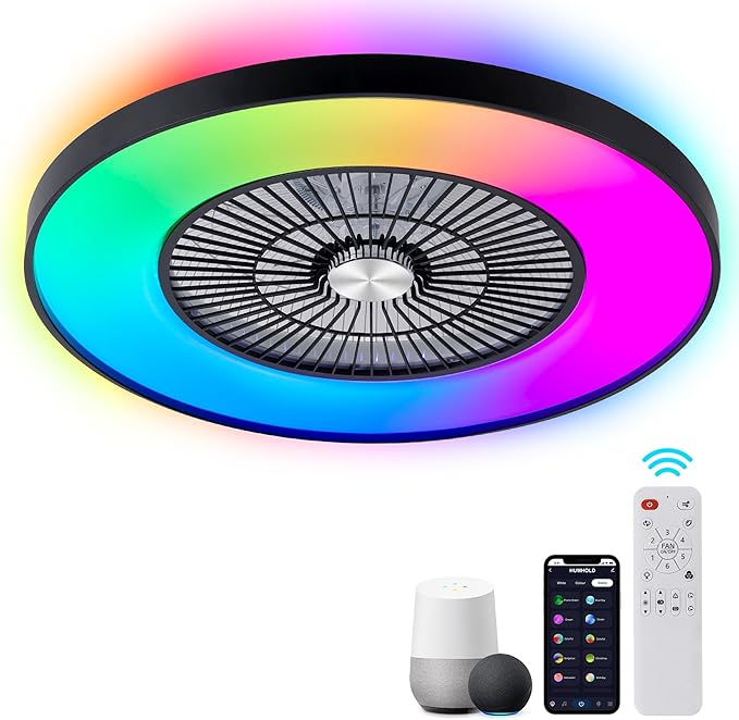 24" Bladeless Ceiling Fans with Lights and Remote/APP/Voice Control, Low Profile Ceiling Fan with RGB Lights, Enclosed Flush Mount Ceiling Fan for Kid's Bedroom/Living Room