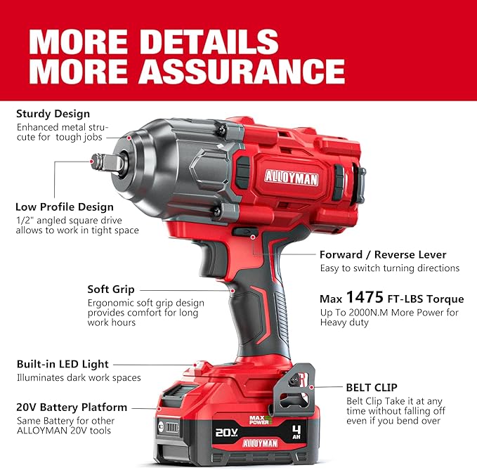 Alloyman Cordless Impact Wrench, 1475Ft-lbs (2000N.m) 1/2 High Torque Brushless Impact Gun, 20V Power Impact Driver, 4000mAh Battery,3 Sockets, Brushless Motor Variable Speeds for Car/Truck RV/Mower