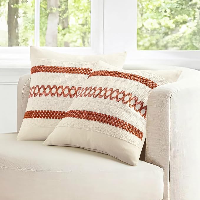 MIULEE Set of 2 Fall Burnt Orange Decorative Lumbar Pillow Covers 12x20 | Farmhouse Boho Couch Throw Pillows, Modern Cushion Covers, Macrame Woven Home Decor for Bed Sofa Chair