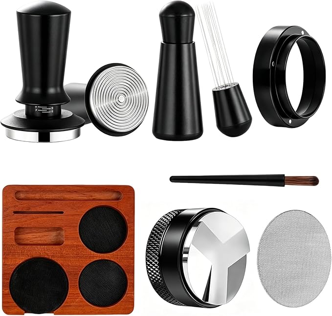 Espresso Accessories Kit 51mm, 7-Pcs Espresso Coffee Tamper Tool Set with Wooden Tamping Station, WDT Tool, Coffee Distributor, Dosing Funnel, Brush & Puck Screen for Home Barista