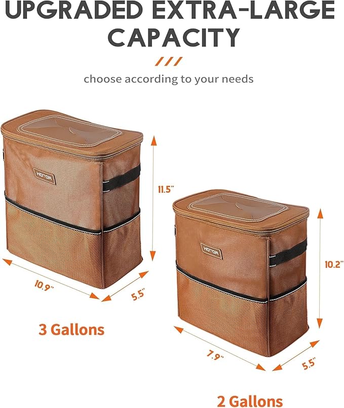 HOTOR 3 Gallons Car Trash Can, Ultra Large Capacity Organizer and Storage with Adjustable Straps & Magnetic Snaps, Waterproof Car Accessory for Interior Car Stuff Storage, Brown