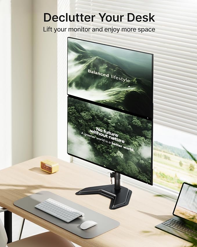 monTEK Freestanding Stacked Dual Monitor Stand for 17-32", 22 lbs Each | Solid V-shaped base, vertical dual-screen full-motion arms, height adjustment, tilt, swivel, rotation and VESA 75/100
