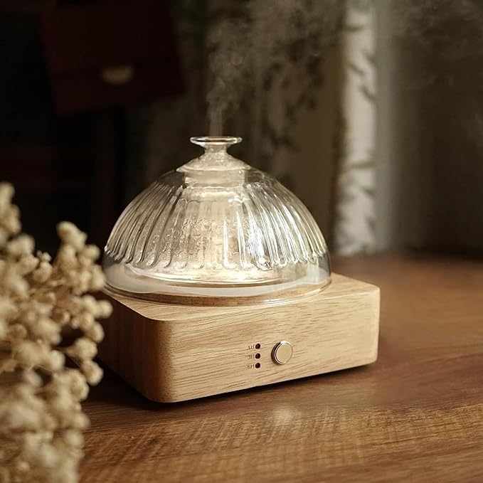 Glass Dome Essential Oil Diffuser with Glass Reservoir & Wood Base-No Plastic, 200ml Ultrasonic Diffuser for Aromatherapy with Timer 7 Color Light Auto-Off for Home Office Yoga Pilates