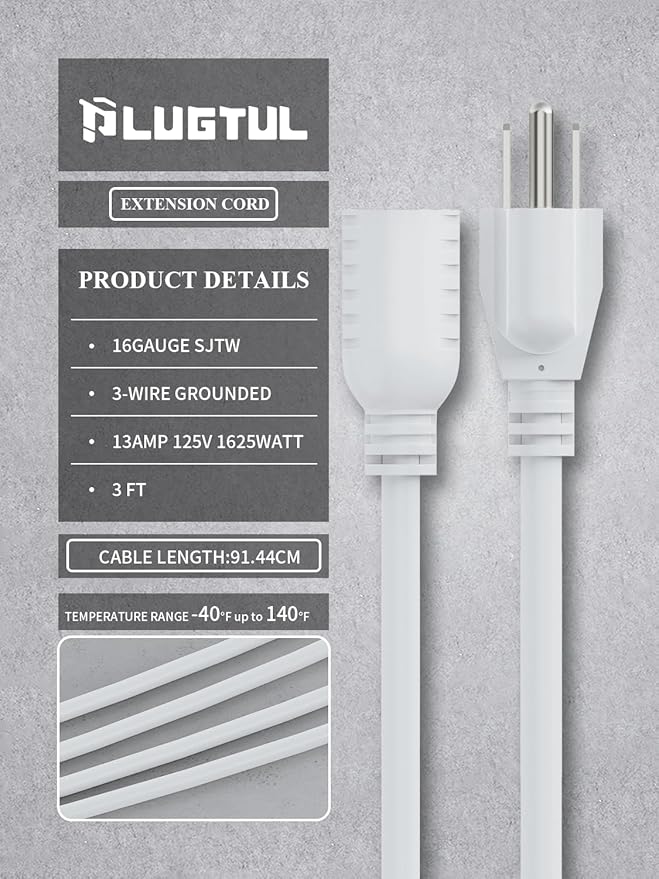 PLUGTUL 3 FT Extension Cord, Short Power Cord, White Indoor/Outdoor 16 Gauge 3 Prong Grounded Wire ETL Listed, 13A 1625W 125V SJTW