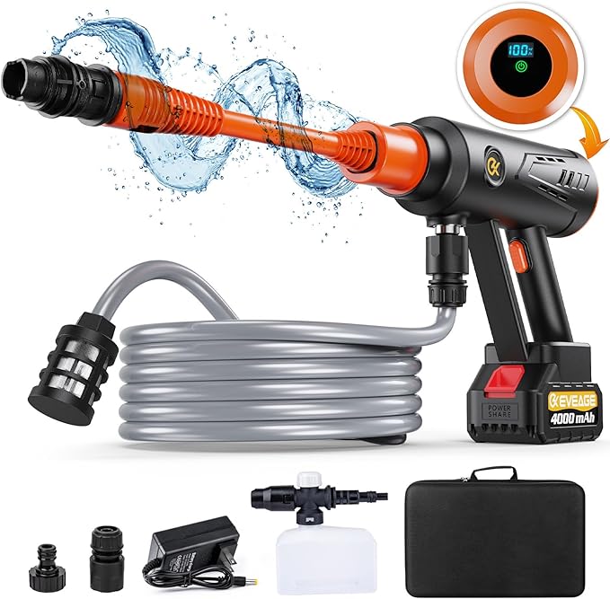 EVEAGE Cordless Power Pressure Washer 1000PSI, 2.5GPM Adjustment Portable Power Cleaner, Rechargeable Battery Powered Handheld High-Pressure Washer Gun for Car, Home Floor Cleaning