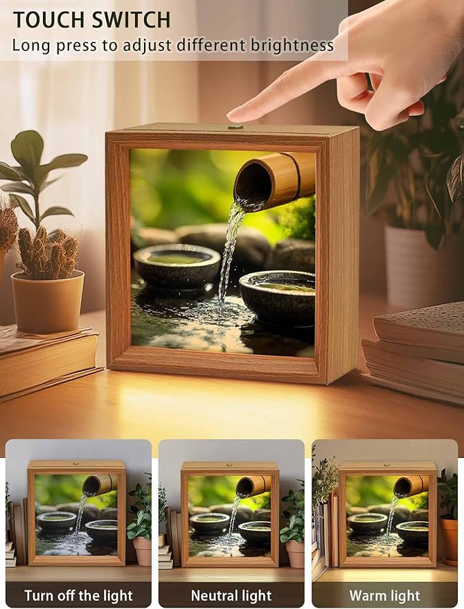 Wood Night Light Box 6.5x6.5in,Zen Meditation Lake Water Table Lights Wooden Picture Frame with USB Rechargeable Touch LED Lights for Home Decor Desktop Display,Natural Landscape