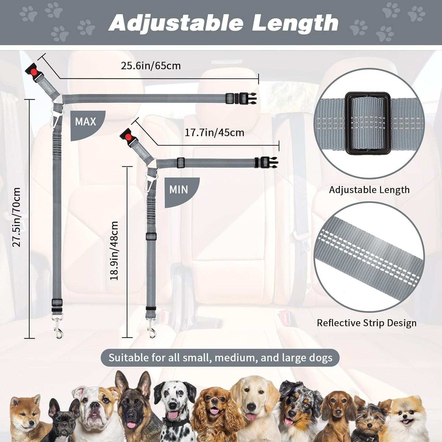 BWOGUE Pet Dog Cat Seat Belt Reflective Car Dog Headrest Restraint Leash Elastic Buffer Bungee Adjustable Tangle-Free Safety Leads Vehicle Seatbelt Harness for Small, Medium and Large Dogs (1 Pack)