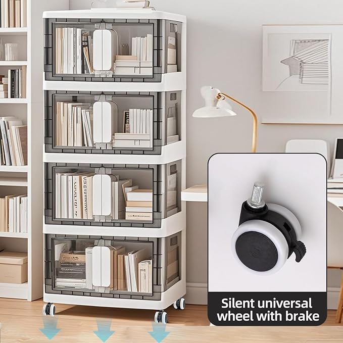 Folding Storage Organizer with Silent casters | Stackable Design for Home & Office, Heavy-Duty Plastic Storage Bin with Clear Door, 3 Sizes (19.5/23.5/27.5in),Black/White (27.6" 3 layer, White)