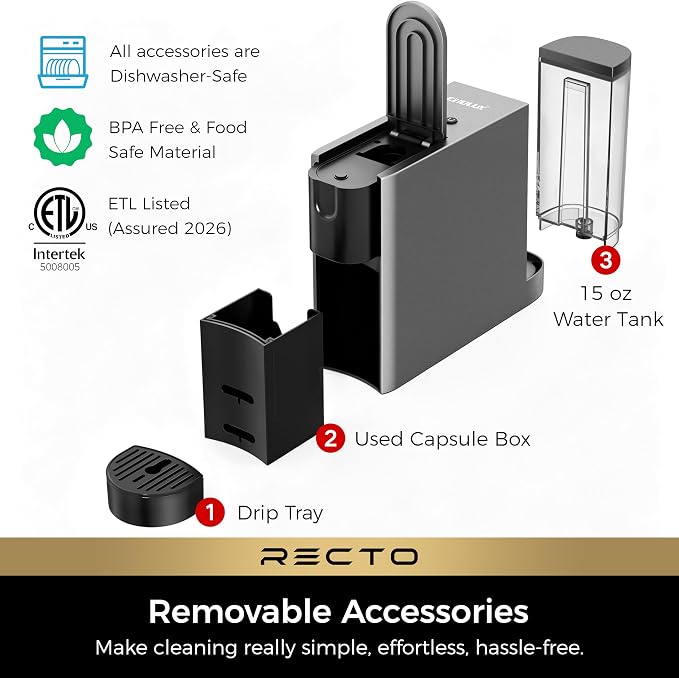CHULUX RectoCafé Espresso Coffee Machine for Nespresso Original Pod, Gray | Extra Mini Design, 20 Bar Professional Italian Pump, Food-Grade Materials, Quiet with Low-Vibration Brewing for Home & Office