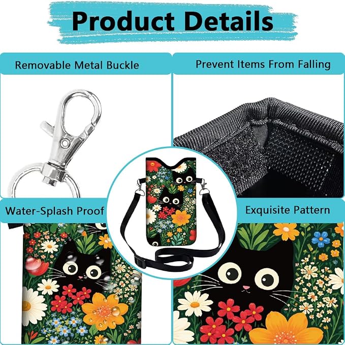 Cat Phone Pouch with Adjustable Strap Neck Lanyard Fits Most Smartphones 7.1 x 3.9 Inch Phone Crossbody Sleeve Black Cat Flower Pattern Neoprene Nylon Cellphone Carrying Case for Women Men