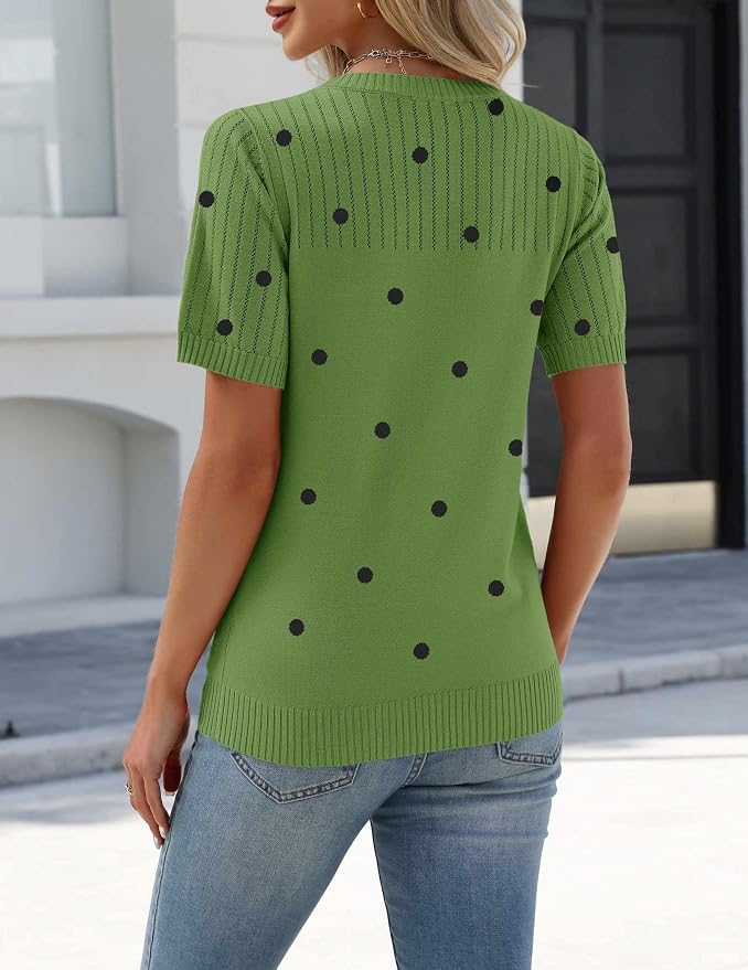 Zeagoo Women's Short Sleeve Sweater Tops 2026 Spring Summer Crew Neck Hollow Out Blouses Dressy Business Casual Outfits