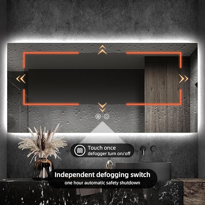 Backlit LED Bathroom Mirror, Infrared Motion Sensor Vanity Mirror with 3-Color Lights, Stepless Dimmable Wall Lighted Mirror with Anti-Fog, Memory, Rectangular (36" H x 72" W)