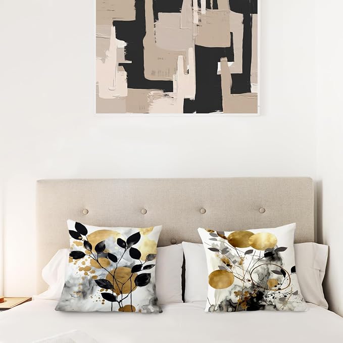 Black and Gold Botanical Pillow Covers 18x18 Set of 2, Abstract Modern Decorative Throw Pillow Covers for Living Room Bedroom, Modern Home Decor, Black and Gold Bedroom Living Room Decor