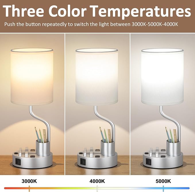 Fenmzee Bedside Lamps for Bedroom Set of 2 - Table Desk Lamp for Nightstand | 15" Table Lamp for Living Room with Pen Holder & Phone Stand, USB A+C Port, AC Outlet, 3 Color Temperature, LED Bulb Included
