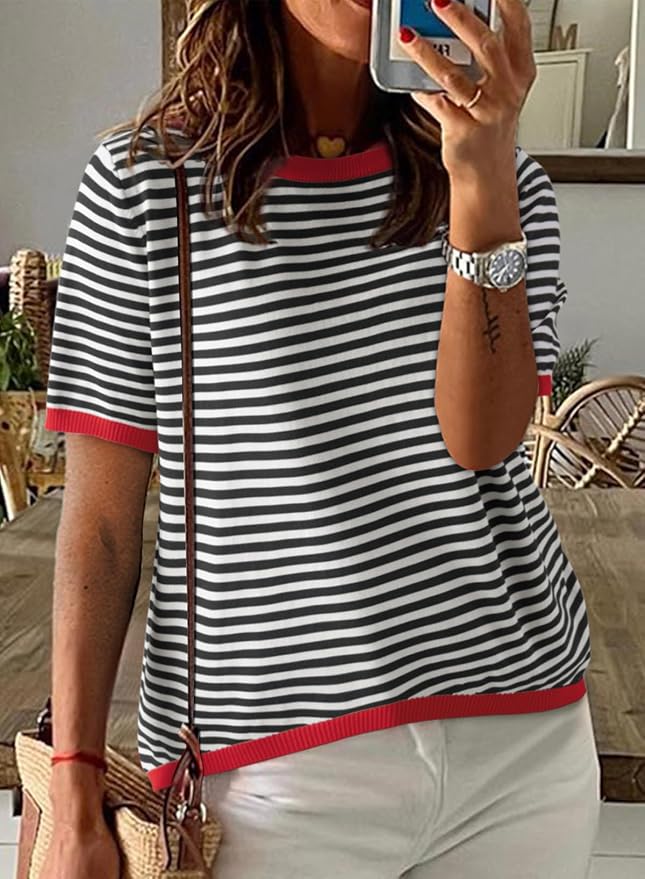 Dokotoo Womens Tops 2026 Casual Summer Crewneck Short Sleeve Striped Color Block Knit High Low Trendy Pullover Sweaters