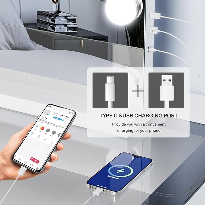 Vanity Mirror with Lights USB+Type-C Charging, 32WX24L Tabletop Hollyhood Makeup Mirror, Hollywood Lighted Mirror with 18 Dimmable LED Bulbs,3 Colors Modes,Touch Control, Gold