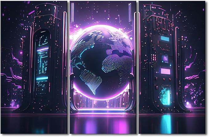 Cyber Space Wall Art 3 Panel Neon Colorful Global World in Cyber Space Pictures Posters for Living Room Decorations, Concept Artwork Wooden Framed Gallery-Wrapped Ready to Hang, 42" Wx28 H