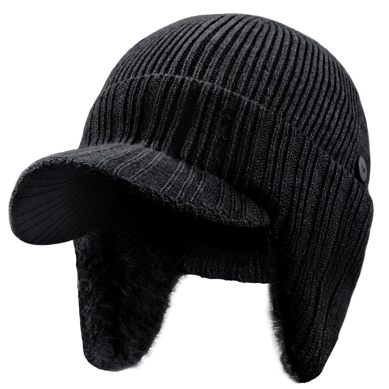SEEK SURE Winter Hat with Visor Warm Fleece Lined Beanie with Brim Ear Protection Cuff Knit Cap for Men Women, XL/XXL Black