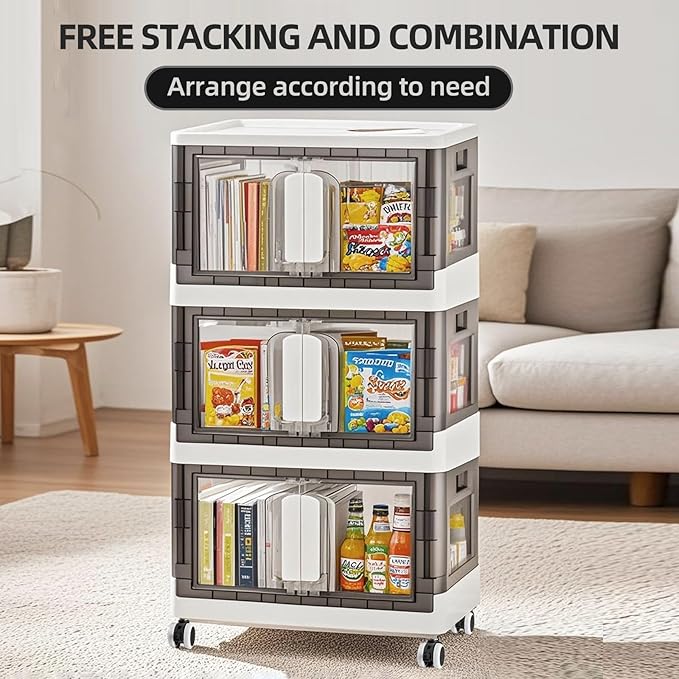 Folding Storage Organizer with Silent casters | Stackable Design for Home & Office, Heavy-Duty Plastic Storage Bin with Clear Door, 3 Sizes (19.5/23.5/27.5in),Black/White (19.7" 4 layer, White)