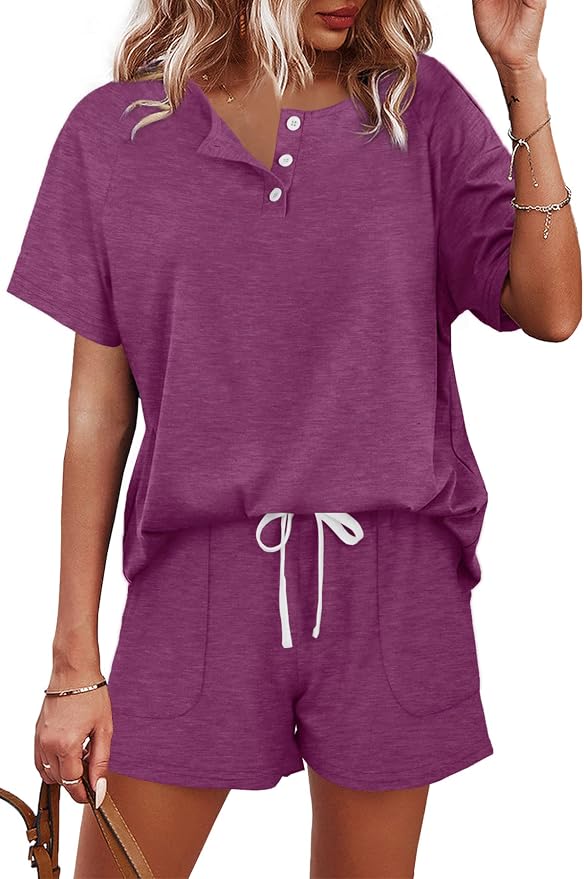 WIHOLL Two Piece Outfits for Women Lounge Sets Button Down Top and Shorts Set Sweatsuits with Pockets