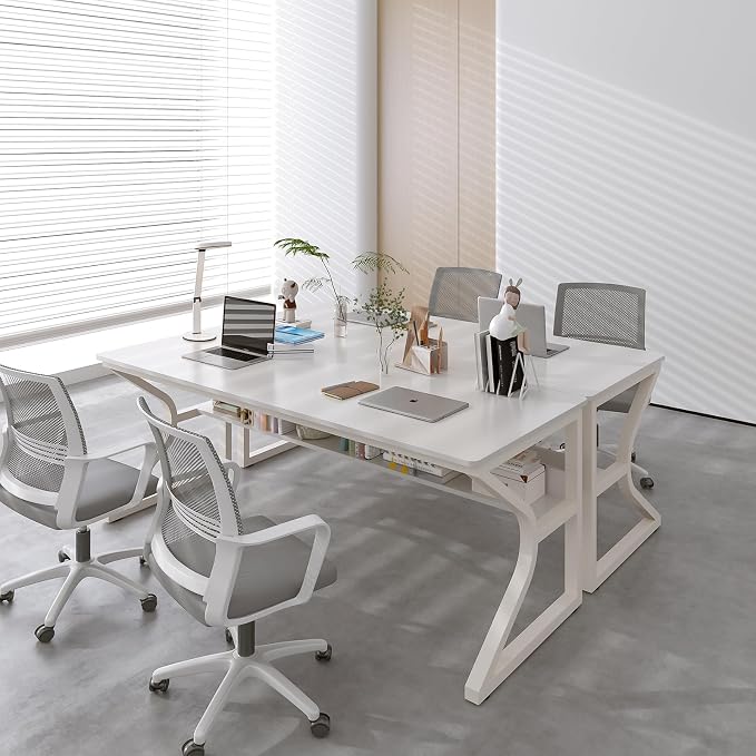 OSCHF 63-Inch Extra Long Desk with Storage Shelf, Warm White | Double Long Writing Table, Space-saving, 2-Person Workstation, Modern Study Work Computer Desk, For Home Office