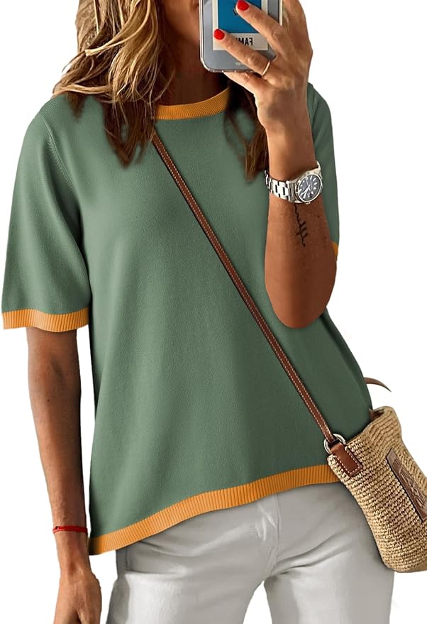 Dokotoo Womens Tops 2026 Casual Summer Crewneck Short Sleeve Striped Color Block Knit High Low Trendy Pullover Sweaters