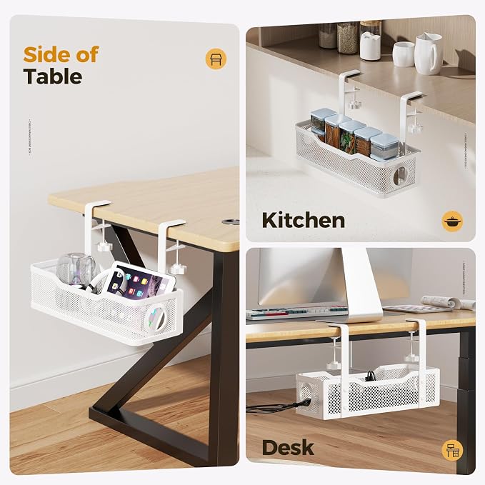 Under Desk Cable Management Tray White, Cinati Wire Organizers No Drill, Cable Tray with Clamp for Wire Management, Cord Organization Box for Office, Home - No Damage to Desk