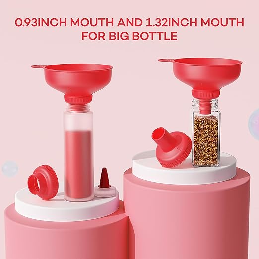 Pisol Wide Mouth Versatile Funnel, Canning Funnels for Kitchen Use, Food Grade Plastic Cooking Funnel Set with 4 Size Spouts and 2 Strainers for Filling Different Bottles and Bags, Red