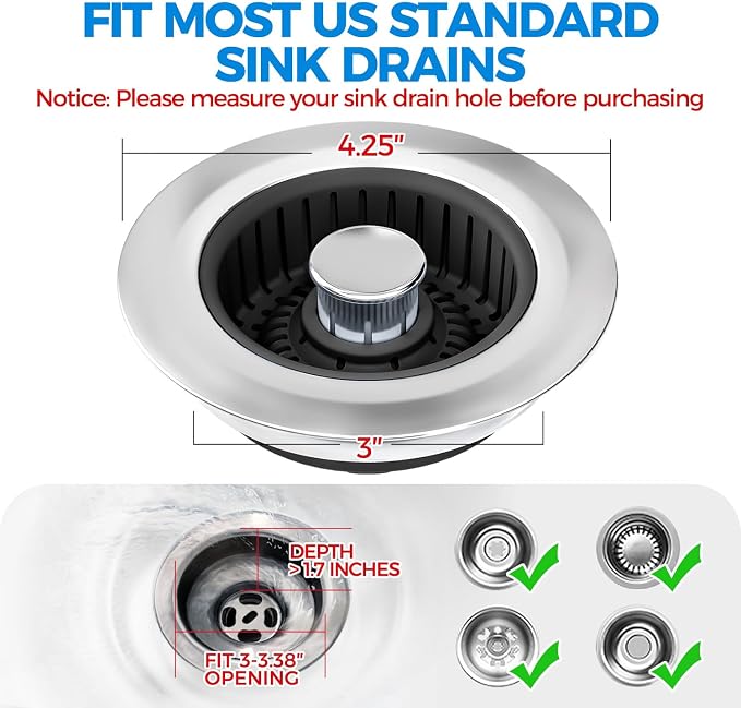 3 in 1 Kitchen Sink Drain Strainer Stopper Removable Basket Pop-Up | Kitchen Sink Accessories 3 Pack Black Stainless - Food Catcher, Odor-Blocking Seal, Fits 3.5" Drain, Easy Clean