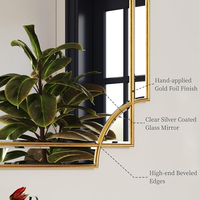 Kelly Miller 26"x26" Gold Foil Scalloped Edge Decorative Vanity Wall Mirror | Hand-Applied Gold Foil Finish. HD Mirror With French Cleat. Elegant Beveled Wall Mirror Decor For Bathroom Bedroom Entryway.