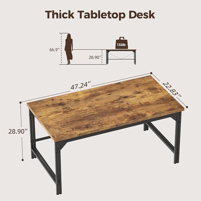 Mericonia 48 Inch Computer Desk, 1" Thick Small Office Table, Brown | Modern Simple Style, Heavy Duty Industrial Frame, Small Study & Writing Table for Home Bedroom Work