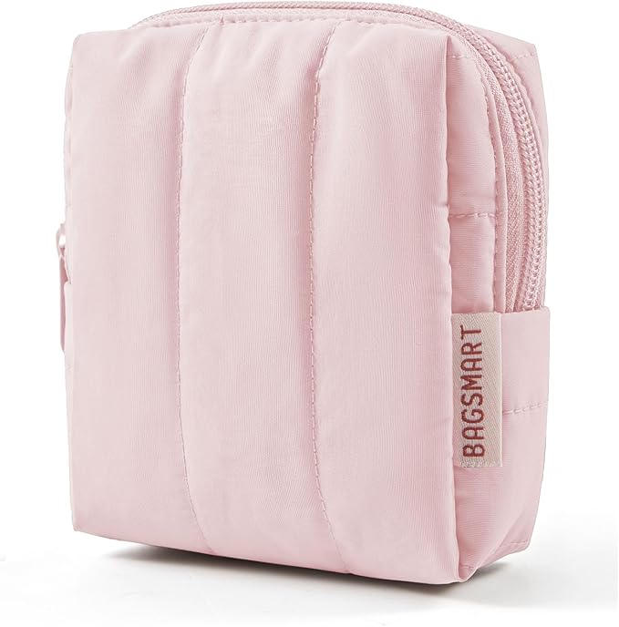 BAGSMART Small Makeup Bag for Women with Slip-in Pocket, Baby Pink | For Purse, Toiletry Pouch, Puffy Padded Mini Cosmetics Bag, Travel Essentials, Cute Make Up Pouch with Slip-in Pocket