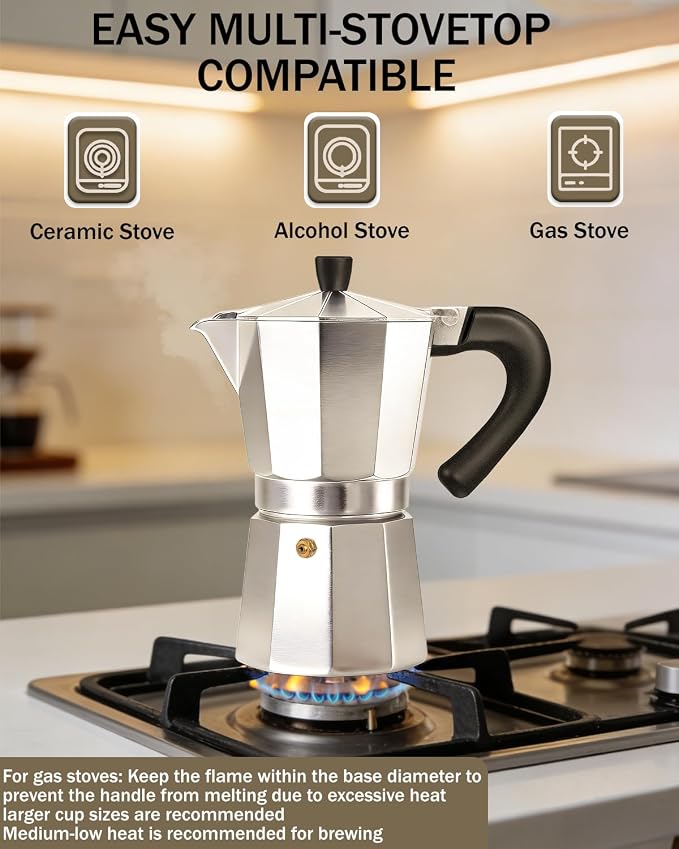 Coffee Maker Stovetop Espresso Maker 2 Cup Aluminum Moka Pot Percolator 3.3oz 100ml Easy Brewing for Electric Ceramic Stoves Home Camping Italian Cuban Café Classic Silver