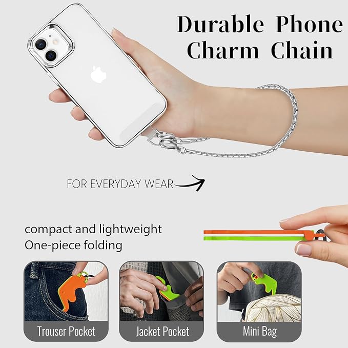 Phone Wrist Strap Metal Phone Chain Lanyard Hand Wristlet Detachable Phones Charm with 3 Tether Tabs with CellPhone Stand Holder Finger Grip Universal for Women Girls Traveling Party Walking Silver