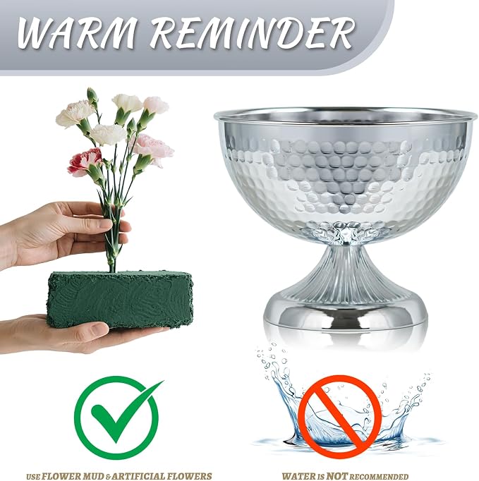 Metal Urn Vases for Centerpieces - 6.3" Tall Flower Pot Planters, Wedding Table Decor, Party Reception, Home Floral Arrangement (10, Silver)