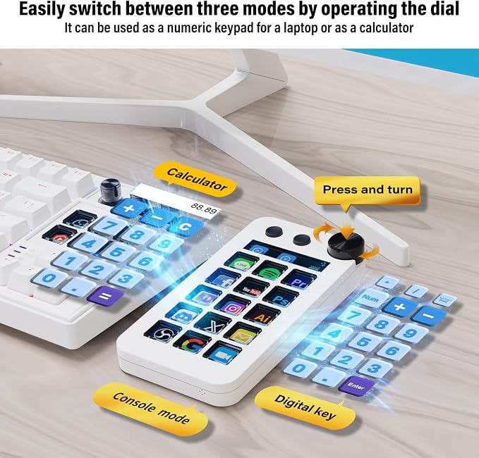 Streaming Deck,Macro pad/Calculator/Numeric Keypad Three Modes | 15 Customizable Macro Keys and LCD Bar,Large Dial,Work Efficiency Device,Compatible with Windows and Mac(N1 White)