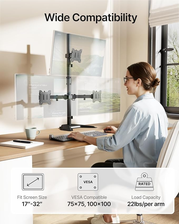 monTEK Freestanding Triple Monitor Stand for 17-32" Screens, 22 lbs Each | Solid V-shaped base, three-screen full-motion arms, height adjustment, tilt, swivel, rotation and VESA 75/100