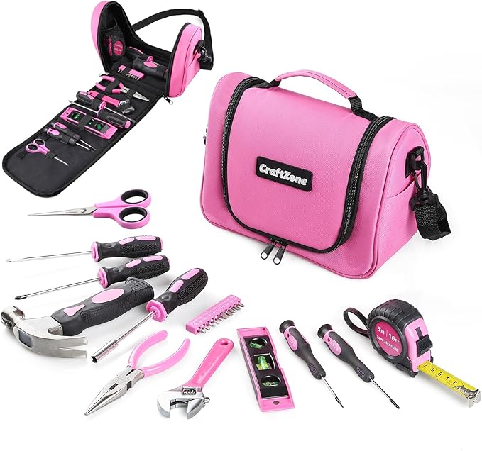 Pink Tool Set,Tool Bag for Women with Shoulder Strap,Basic Tool Kit,21Pcs,Tool Pouch with Zipper,Portable Tool Bag with Tools for Home|Dorm|Office|DIY|Desk|Apartment