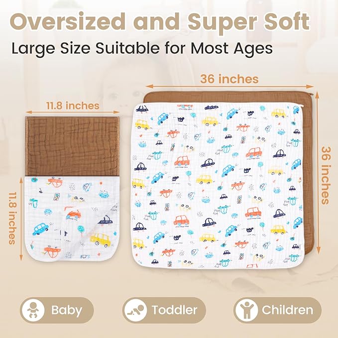Hooded Baby Towels for Newborn 2 Pack 36x36 Inch Muslin Cotton Baby Bath Towel and 2 Pack Washcloths for Babies, Infant, Toddler and Kids, Soft and Absorbent Newborn Essential(Grey and Blue)