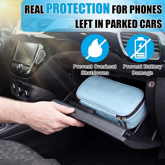 Phone Cooler Bag for Beach, Portable Phone Cooling Pouch with 2 Reusable Ice Packs, Keeps Cool in Extreme Heat for Car Pool Hiking, Extends Battery Life, Fits All Smartphones(Blue,PU)