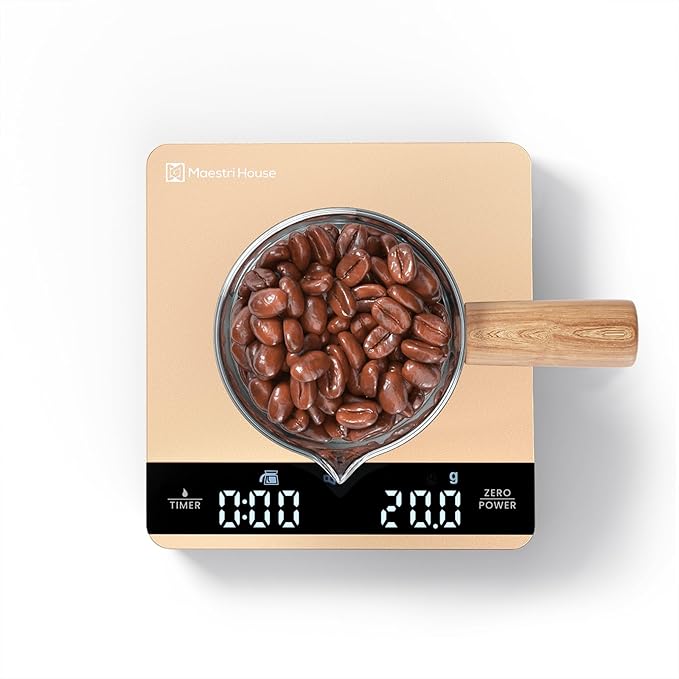 Mini Coffee Scale with Timer, Maestri House Rechargeable Espresso Scale, 2kg/0.1g Accurate Scale for Espresso and Pour-Over Coffee, Portable Digital Kitchen Scale with Automatic Timing-Gold