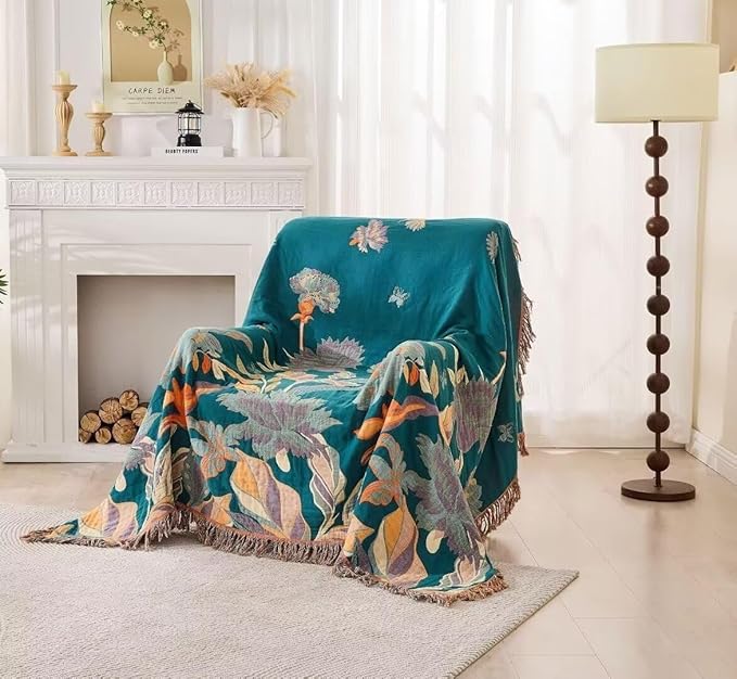 Boho Throw Blanket for Bed 100% Cotton Bohemian Blankets Ultra Soft Woven Muslin Decorative Blankets All Seasons Vintage Quilt Knitted Blanket for Sofa Chair(Orange, 90"x98")